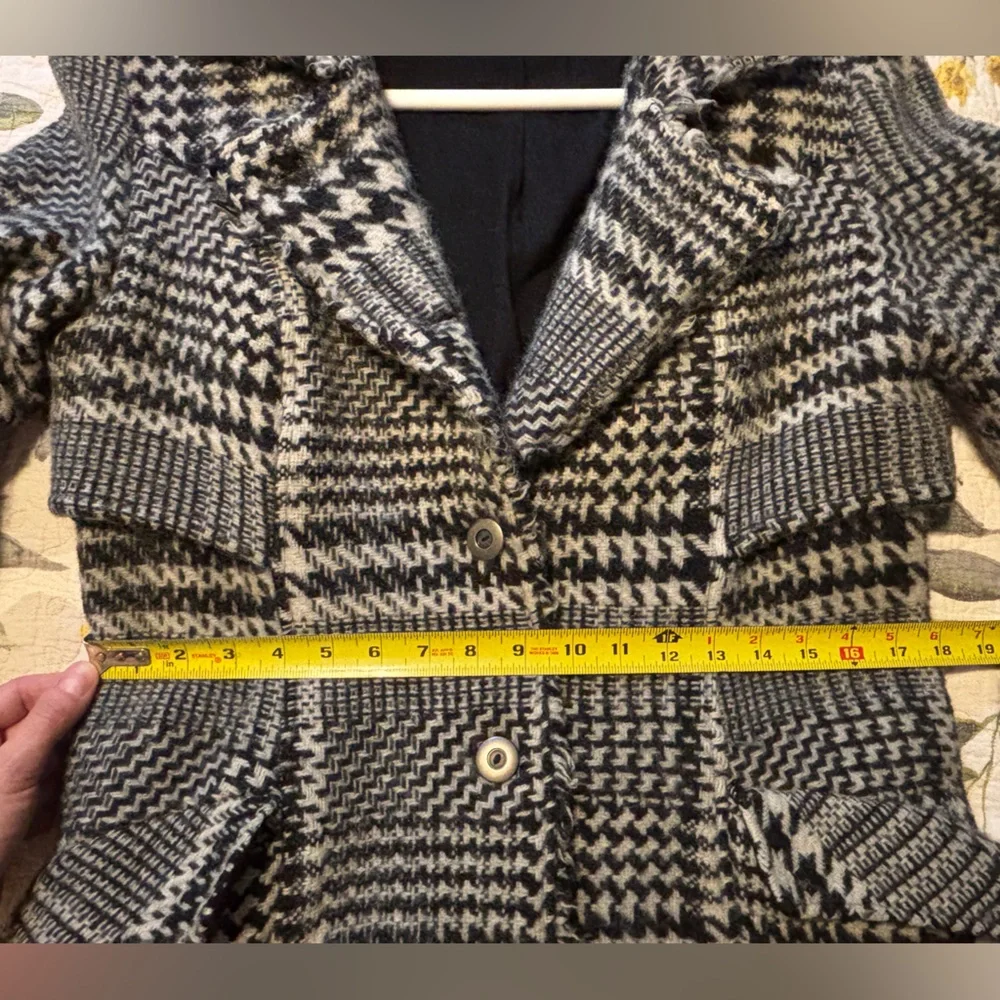 Free People Black and White Houndstooth Wool-Blend Raw Edge Long Coat
